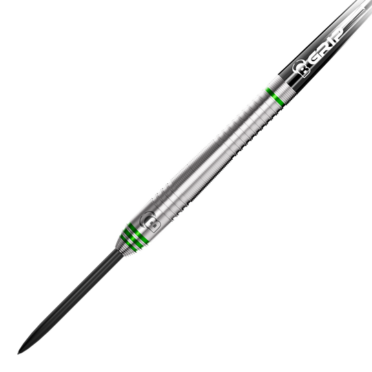 Bulls Max Czerwinski Gurke Steeldarts mit einem Gewicht von 23 Gramm. Das Bild zeigt die Darts aus einer bestimmten Perspektive.