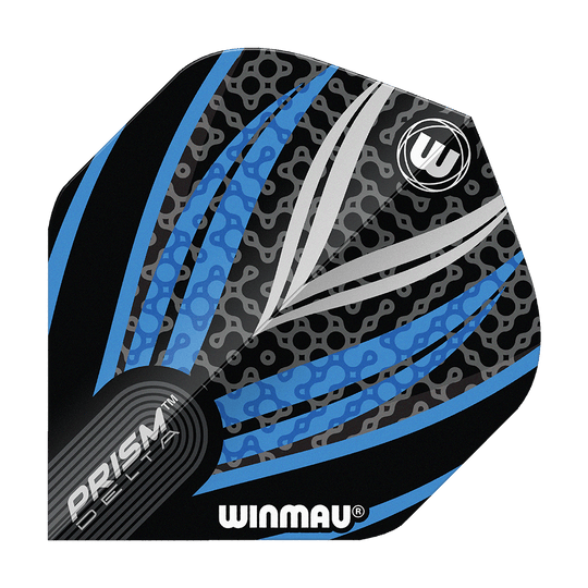 Winmau Prism Delta Zwart Wit Blauw Nr. 2 Standaardvluchten Das Bild zeigt ein Winmau Prism Delta Flight in den Farben Schwarz, Weiß und Blau. Das Design ist modern mit auffälligen Linien und Mustern.