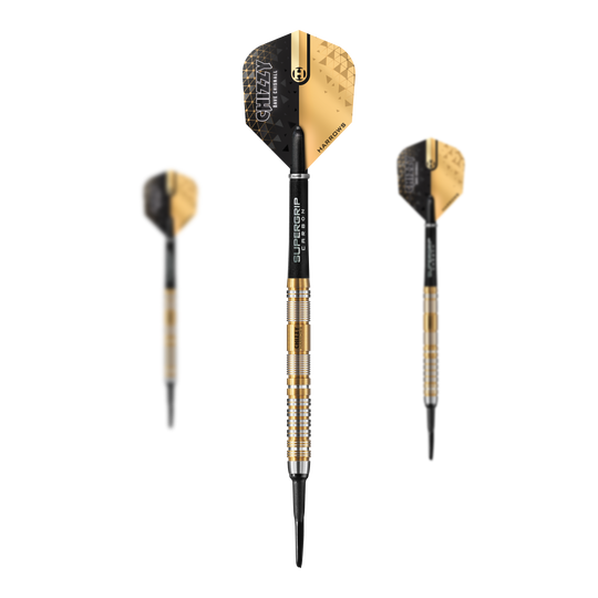 Harrow's Dave Chisnall Chizzy Series 2 zachte darts Das Bild zeigt drei Softdarts der Marke "Harrows Dave Chisnall Chizzy Series 2" mit gold-schwarzem Design. Die Darts haben schwarze Flights und silber-goldene Griffe mit schwarzer Spitze.