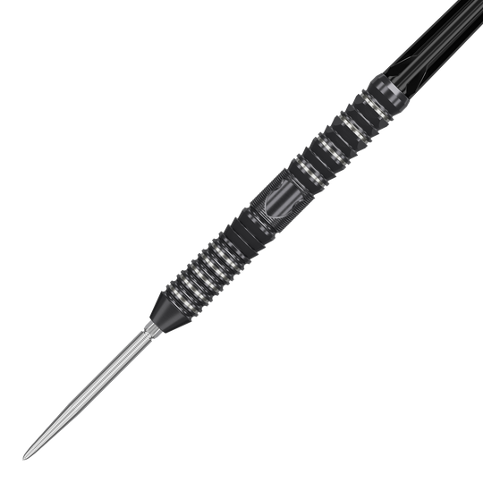 Das Bild zeigt einen Target Japan Black Marque Draco GEN2 Steeldart. Der Dartpfeil ist schwarz mit silbernen Rillen und hat ein modernes, strukturiertes Design.