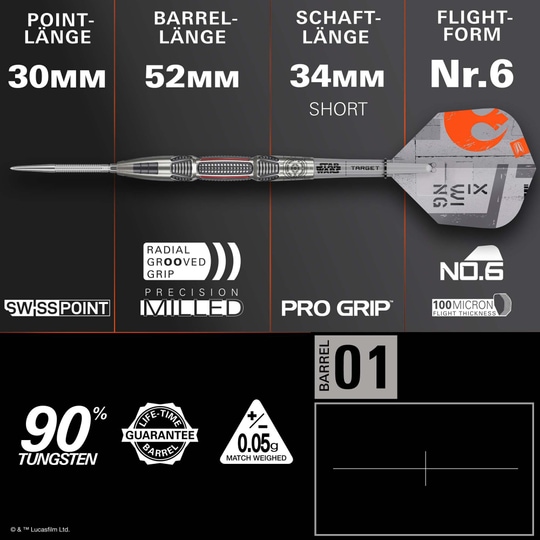 Auf diesem Foto sieht man die Target Star Wars X-Wing Swiss Point Steeldarts. Die Steeldarts sind im Stil des X-Wing aus Star Wars gestaltet.