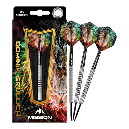 Missie Dominik Grüllich Steeldarts Das Bild zeigt das Produkt „Mission Dominik Grüllich Steeldarts - 23,5g“ mit einer farbenfrohen Verpackung und drei silbernen Darts. Die Flights der Darts sind mit einem bunten Löwenmotiv verziert.