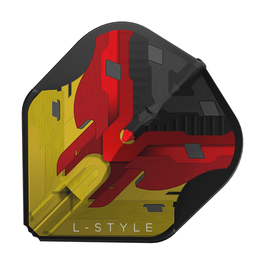 Das Bild zeigt ein Dart-Flight der Marke "L-Style" in schwarz, rot und gelb mit geometrischem Muster. Unten steht der Schriftzug "L-STYLE".
