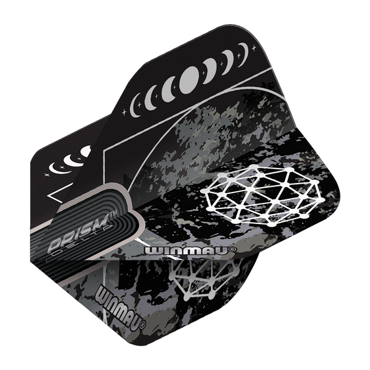Winmau Prism Delta Callisto No2 Standaardvluchten Das Bild zeigt die Winmau Prism Delta Callisto No2 Standard Flights. Die Flights sind schwarz-grau gemustert und mit weißen grafischen Mondphasen und geometrischen Mustern verziert.