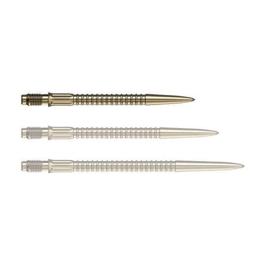 Mission R2.5 Rapid Point GV1 Dartpunten - Goud Goldene Dartspitzen liegen nebeneinander auf einer weißen Fläche. Diese Spitzen eignen sich für das Dartspiel.