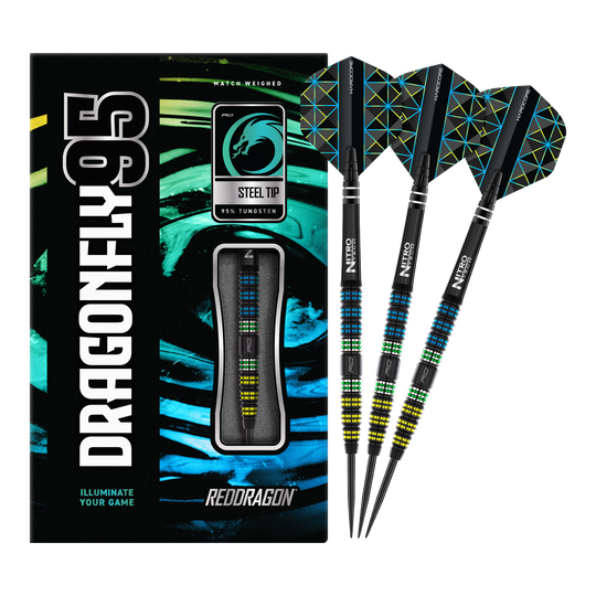 Red Dragon Dragonfly 95 Zwarte Taps Toelopende Stalen Darts Die Abbildung zeigt das Produkt "Red Dragon Dragonfly 95 Black Tapered Steeldarts" mit moderner, bunter Verpackung. Drei schwarze Steeldarts mit farbigen Akzenten und speziellen Flights sind daneben zu sehen.