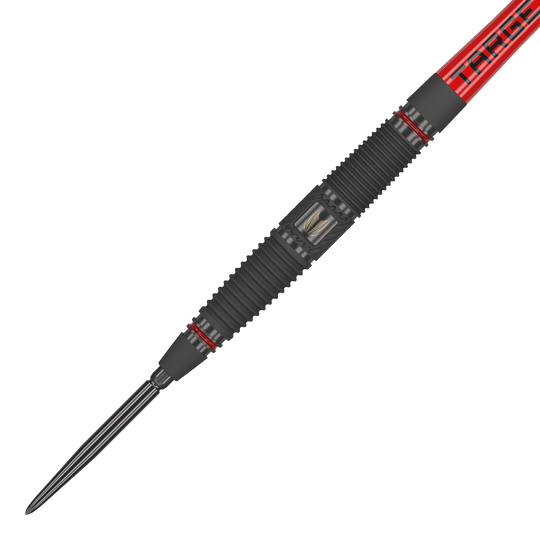 Target Scope 04 Swiss Point stalen darts Das Bild zeigt einen Target Scope 04 Swiss Point Steeldart. Der Dart hat ein schwarzes, geriffeltes Griffstück mit roten Akzenten und einer silbernen Spitze.