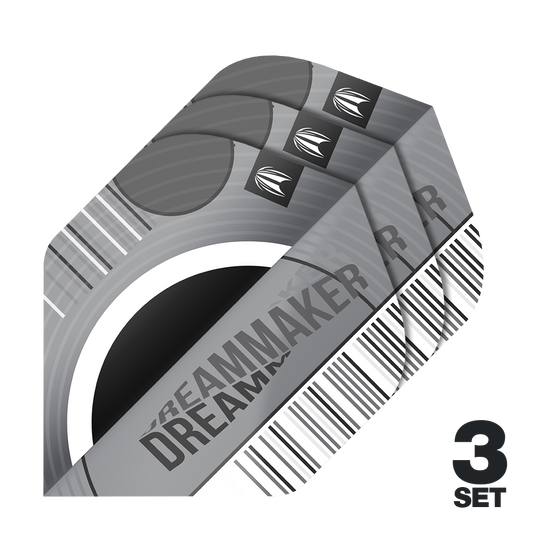 Target Pro Ultra Dimitri Van Den Bergh X Echo No2 Standaardvluchten - 3 sets Das Bild zeigt drei Sätze Target Pro Ultra Dimitri Van Den Bergh X Echo No2 Standard Flights. Die Flights sind in Grau- und Schwarztönen gestaltet und tragen den Schriftzug „Dreammaker“.