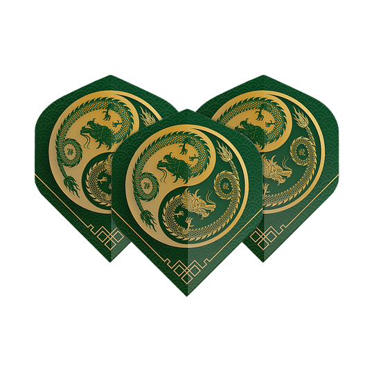 Pentathlon Vluchten Draakgroen Das Bild zeigt drei Pentathlon Dragon 3 Standard Flights in Grün und Gold. Auf jedem Flight ist ein kunstvoller Drache im Kreisdesign abgebildet.