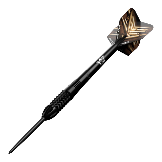Bulls NL Caliber Black stalen darts Dieses Bild zeigt den Bulls NL Caliber Black Steeldart. Der Dartpfeil ist schwarz und hat ein auffälliges Design auf den Flights.