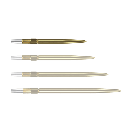 Target Swiss Point Gold darttips Das Bild zeigt vier goldene Dartspitzen, die nebeneinander ausgerichtet sind. Die Spitzen haben ein silbernes Gewinde am Ende.