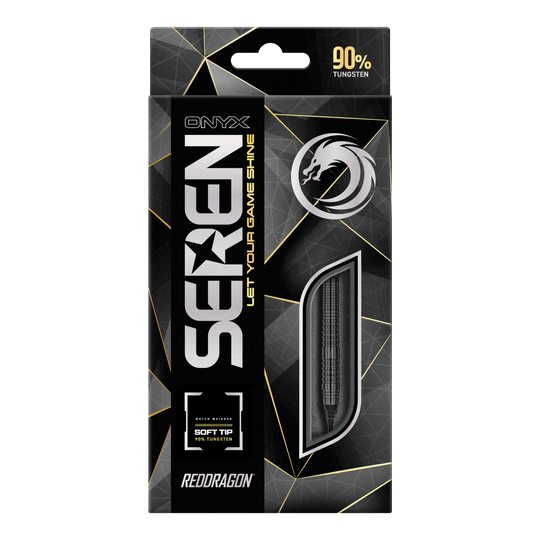 Die Abbildung zeigt die Verpackung der Red Dragon Seren 2 Onyx Softdarts – 20g. Die Verpackung ist schwarz mit geometrischen Mustern und hebt den 90%igen Tungsten-Anteil hervor.
