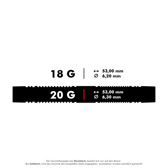 Target Scope 10 zachte pijltjes Das Bild zeigt die technischen Daten von zwei Softdarts mit einem Gewicht von 18 g und 20 g. Beide Darts sind 53 mm lang, der Durchmesser beträgt 6,2 mm bzw. 6,3 mm.