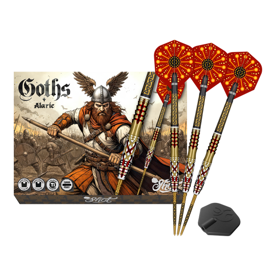 Shot Goths Alaric Turbo Point stalen dartpijlen - 23 g Abgebildet sind die Shot Goths Alaric Turbo Point Steeldarts - 23g. Die Darts eignen sich besonders für Steeldartspieler.