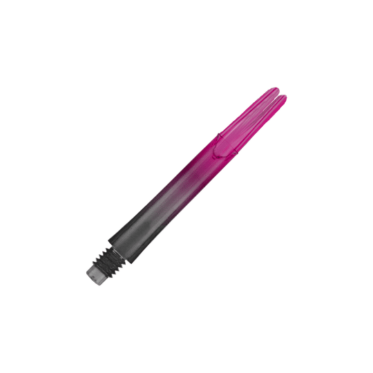 Das Bild zeigt einen zweiteiligen Dart-Schaft in den Farben Schwarz und Pink. Der Schaft hat ein Schraubgewinde auf einer Seite und ist gerade geformt.