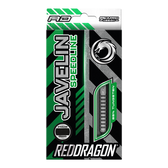 Red Dragon Javelin Speedline stalen darts Die Abbildung zeigt die Verpackung der "Red Dragon Javelin Speedline Steeldarts". Die Packung ist grün, schwarz und silber, mit einem Sichtfenster für die Darts und auffälligem Drachen-Logo.