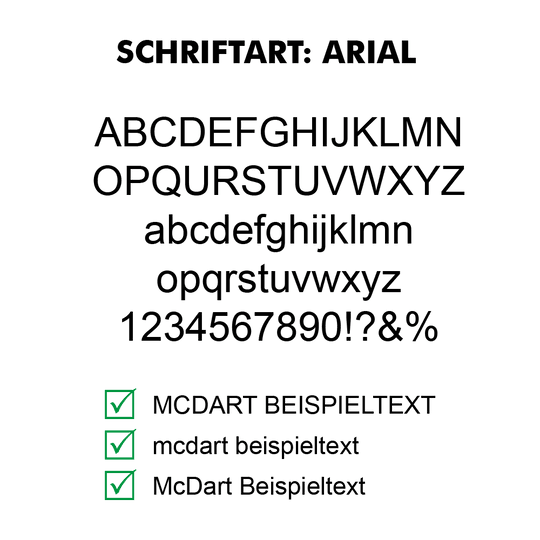 Flightdruck-Schriftart-ArialVAxAbbSrsONKb Beispiel eines Dart-Flights mit Arial-Schriftzug. Das Muster zeigt eine elegante Schriftart auf weißem Hintergrund.