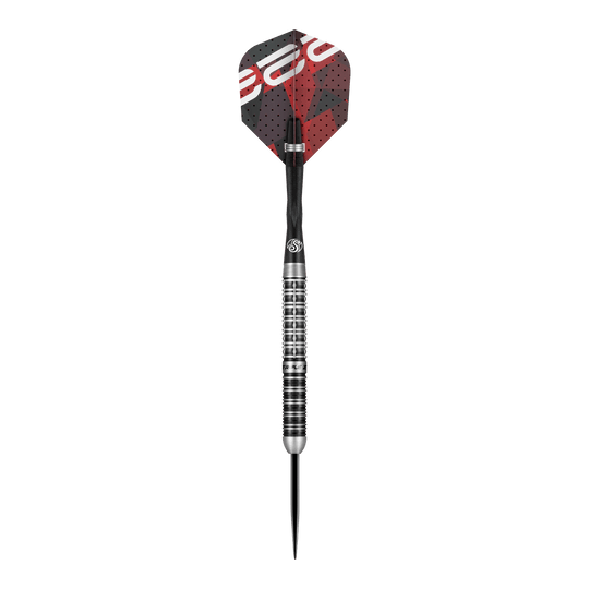 Shot van Niels Zonneveld V2 stalen darts Dies ist ein Steeldart aus der Serie "Shot Niels Zonneveld V2". Der Dart hat ein silbernes, geriffeltes Barrel und schwarze sowie rote Flights.