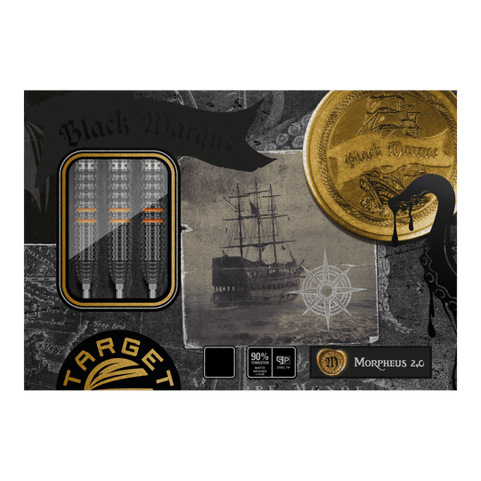 Das Bild zeigt die Verpackung der "Target Japan Black Marque Morpheus GEN2 Steeldarts". Auf der Verpackung sind drei Darts, ein Segelschiff und ein goldener Münz-Aufdruck abgebildet.