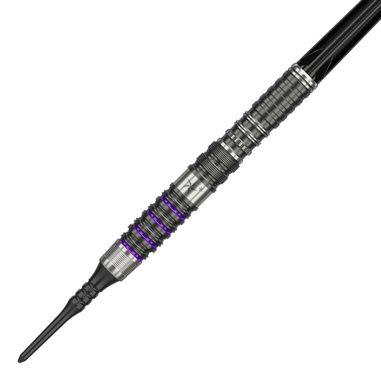 Target Japan Prime Series Yuta Hayashi Sirius GEN3 MAX Soft Darts - 21,5 g Dies ist ein Softdart aus der Target Japan Prime Series, Modell Yuta Hayashi Sirius GEN3 MAX mit 21,5g. Er besitzt ein silbernes Design mit feinen Rillen und lilafarbenen Akzenten.