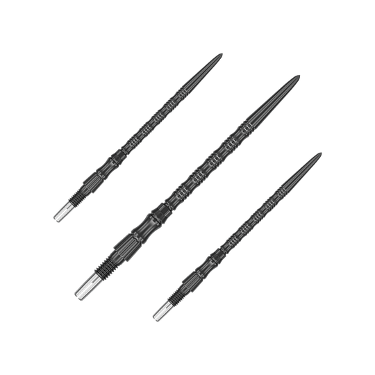 Abgebildet ist ein Set schwarzer Dartspitzen aus der SwissPoint Signature TRB Serie. Die Spitzen haben eine Länge von 42 mm.