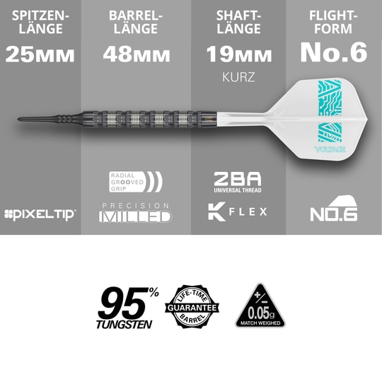 Target Rob Cross 95K Swiss Point Zachte Darts - 18g Das Bild zeigt den Target Rob Cross 95K Swiss Point Softdart mit 18 Gramm Gewicht. Es werden die Längen der Spitze, des Barrels, des Schafts und der Flight-Form sowie wichtige Merkmale wie 95% Tungsten und lebenslange Garantie hervorgehoben.