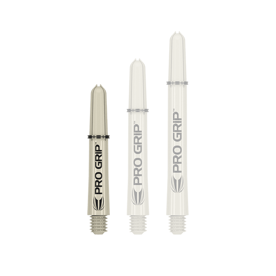 380150_Target_Pro_Grip_Shafts_Sand_34mm_1 Das Bild zeigt drei beige Dartschäfte in unterschiedlichen Längen. Auf jedem Schaft steht deutlich "PRO GRIP" geschrieben.