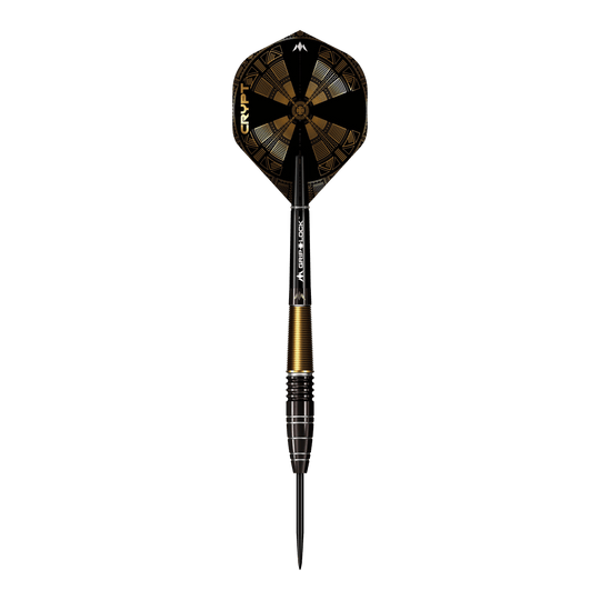 Mission Crypt Model 1 Steel Darts - 22g Das Bild zeigt einen Mission Crypt Model 1 Steeldart mit einem Gewicht von 22g. Der Dart ist schwarz-gold gefärbt und hat ein geometrisches Design auf dem Flight.