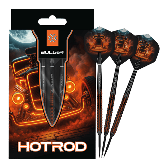Bullet Hotrod stalen dartpijlen Bullet Hotrod Steeldarts sind zu sehen. Das Bild zeigt das vollständige Set der Steeldarts.