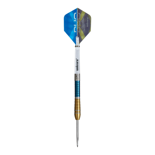 Das Bild zeigt den Unicorn Gary Anderson Duo Phase 6 Steeldart. Der Dartpfeil hat einen blauen, goldenen und weißen Schaft mit einer blauen und grünen Flights.