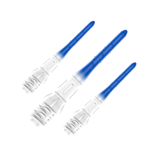 L-Style Premium Lippoint Gradiation Dart Tips (verpakking van 30) Das Bild zeigt vier Dartspitzen mit einem Farbverlauf von Weiß zu Blau. Sie sind ordentlich in einer Kunststoffhalterung angeordnet.