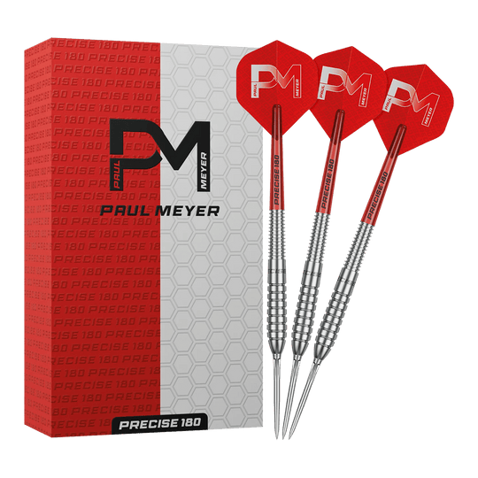 Precise 180 Paul Meyer Version 1 stalen dartpijlen Das Bild zeigt die Precise 180 Paul Meyer Version 1 Steeldarts. Ein Satz Steeldarts, ideal für Dartspieler.