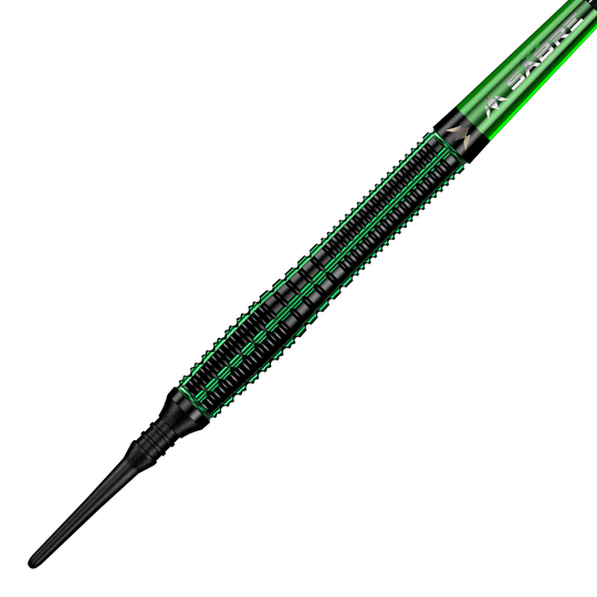 Mission Venom Softdarts - 20g Das Bild zeigt einen Mission Venom Softdart mit einem Gewicht von 20 Gramm. Der Dart ist überwiegend schwarz mit grünen Akzenten und einem schlanken Design.
