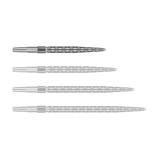 Target Swiss Diamond Pro Silver Points dartpunten Das Bild zeigt vier silberne Dartspitzen mit einem rautenförmigen Muster. Sie sind nebeneinander auf weißem Hintergrund angeordnet.