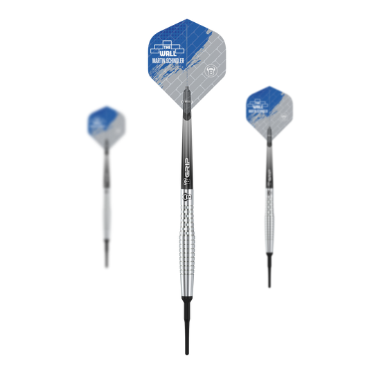 Bulls Martin Schindler Original Generation 2 zachte darts Das Bild zeigt drei Softdarts aus der Serie "Bulls Martin Schindler Original Generation 2". Die Darts haben silberne, gerillte Barrels und Flights mit blau-grauem Design.