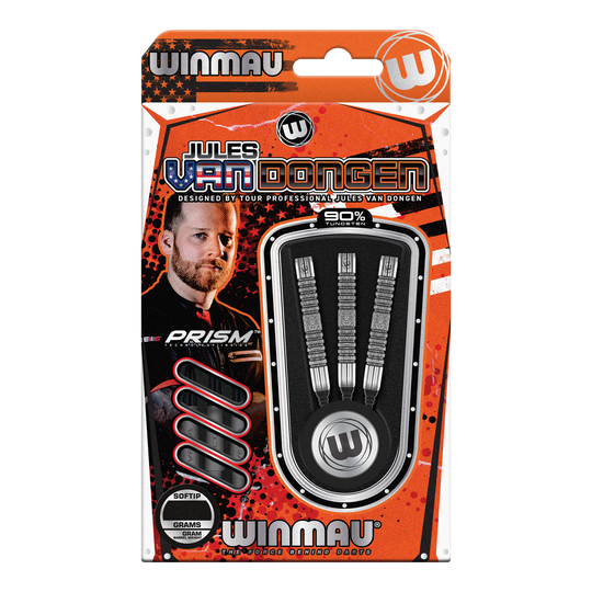 Winmau Jules Van Dongen zachte dartpijlen - 20g Das Bild zeigt eine Verpackung der "Winmau Jules Van Dongen Softdarts - 20g". In der Packung befinden sich drei Softdarts mit 90% Tungsten.