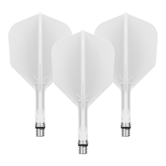 Zu sehen ist ein Flight-Set namens 410540_Target_KShift_No6_Flights_Wei_19mm_1Set. Mehrere weiße Flights sind gemeinsam präsentiert.