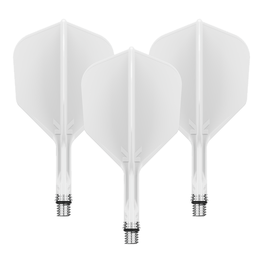 Target K-Shift nr. 6 vluchten - wit Zu sehen ist ein Flight-Set namens 410540_Target_KShift_No6_Flights_Wei_19mm_1Set. Mehrere weiße Flights sind gemeinsam präsentiert.