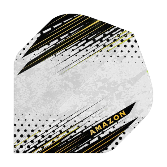 A45_Amazon_ORO_Standard_Flights_Weiss_1 Das Bild zeigt ein Amazon ORO Standard Flight. Das Design ist modern mit schwarzen, weißen und gelben Linien und Punkten sowie dem Schriftzug "Amazon" in Gelb.