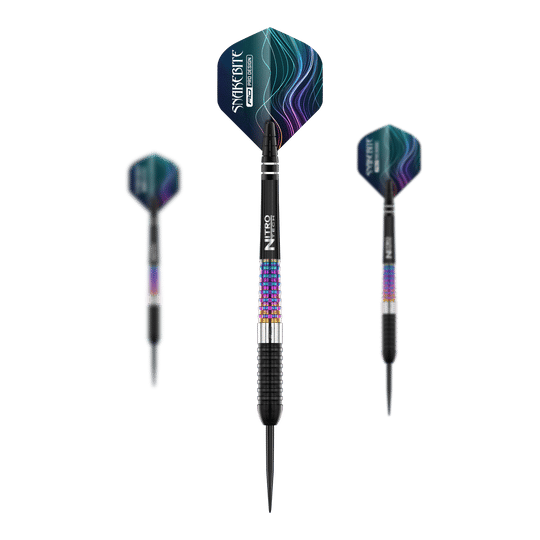 Das Bild zeigt drei Steeldarts des Modells "Red Dragon Peter Wright Corra". Die Darts haben bunte Griffe und schwarze Spitzen, mit auffälligen Flights im Snakebite-Design.