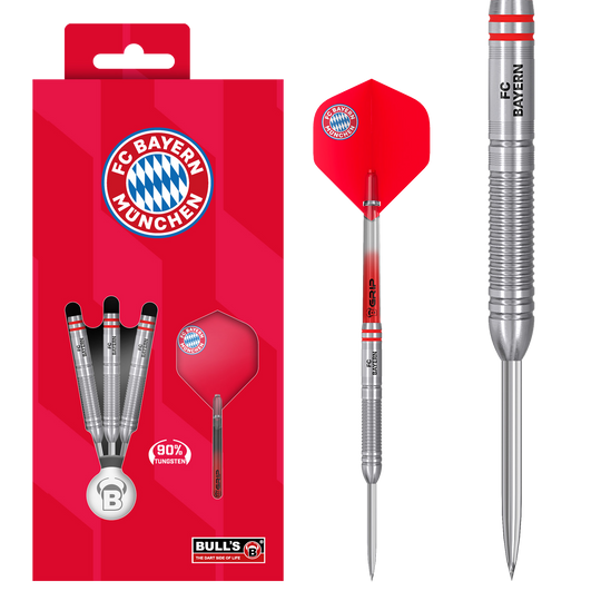 Zu sehen sind die Bulls FC Bayern München Tungsten Steeldarts. Das Produkt spricht Dartspieler und Bayern München Fans an.
