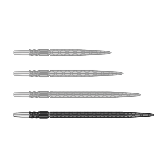 Target Swiss Diamond Pro Black Points dartpunten Auf dem Bild sind vier schwarze Dartspitzen mit einem diamantförmigen Muster zu sehen. Sie sind in einer waagerechten Reihe angeordnet.