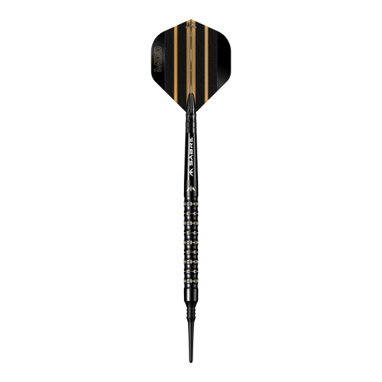 Das Bild zeigt einen Softdartpfeil namens "Mission Mike De Decker MDD Black Gold Softdarts - 20g". Der Pfeil ist schwarz mit goldenen Akzenten und hat eine schmale Spitze.