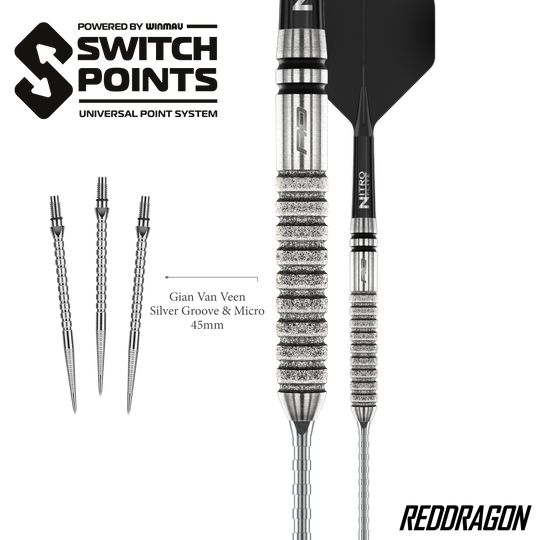 Red Dragon Gian Van Veen Tour Edition Switch Point Steeldarts - 21 g Gezeigt werden die Red Dragon Gian Van Veen Tour Edition Switch Point Steeldarts - 21g aus einer anderen Perspektive. Das Design ist sportlich und funktional.