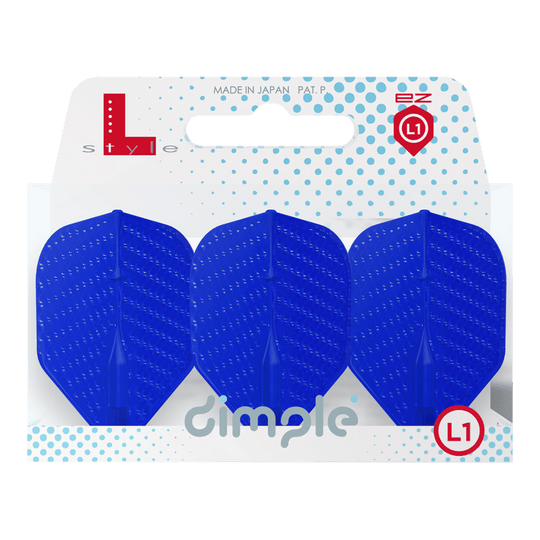 Auf dem Bild sind drei blaue Dart-Flights in einer Verpackung zu sehen. Die Verpackung trägt die Aufschrift "dimple" und das Logo "L-style".