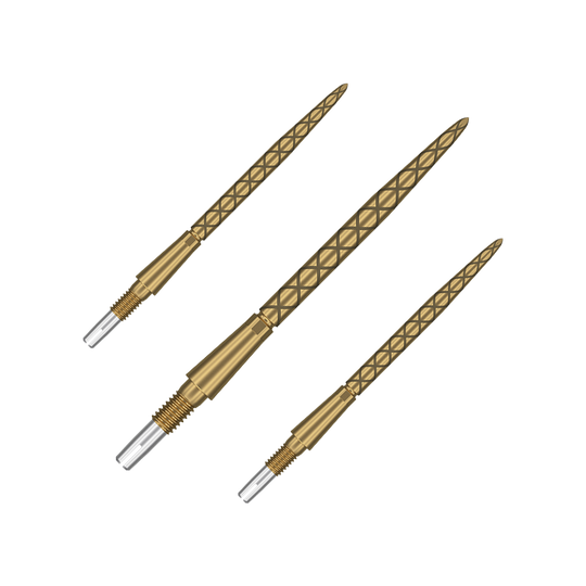 Target Swiss Storm Diamond Point Dartpunten - Goud Das Bild zeigt drei goldene Dartspitzen mit einem rautenförmigen Muster. Sie sind länglich und haben eine silberne Spitze zum Werfen.