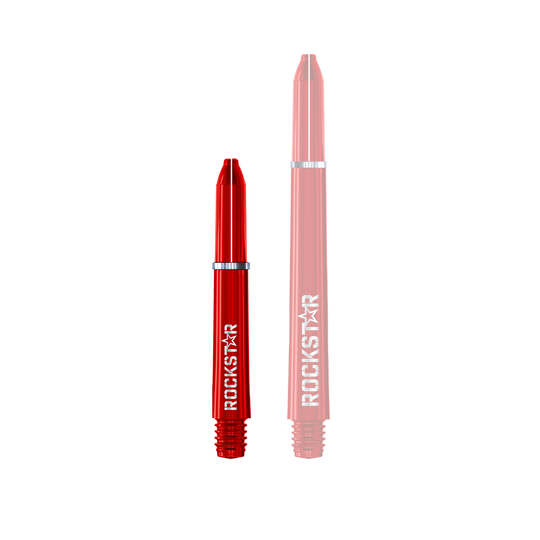 Winmau Joe Cullen Rockstar Nylon-schachten Das Bild zeigt zwei rote Dartschäfte in unterschiedlichen Längen. Auf beiden Schäften steht das Wort "ROCKSTAR" in weißer Schrift.