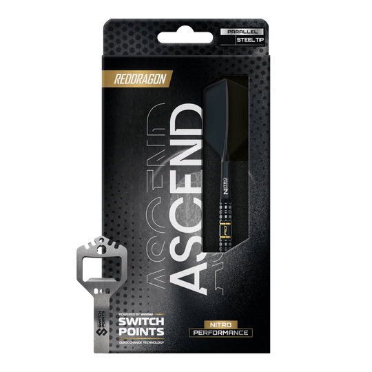 Red Dragon Ascend Parallel Switch Point Steeldarts Zu sehen sind drei Red Dragon Ascend Parallel Switch Point Steeldarts gruppiert in einer Reihe. Die Darts heben ihre hochwertige Verarbeitung hervor.