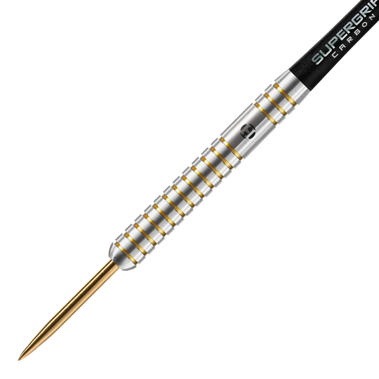 Harrows jubileumeditie De originele Steeldarts Das Bild zeigt einen Harrows Anniversary Edition The Original Steeldart. Der Dartpfeil hat ein silbernes Barrel mit goldenen Rillen und einer goldenen Spitze.