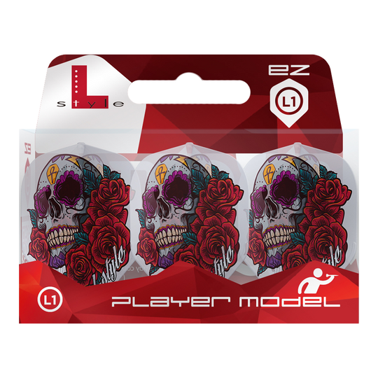 Das Bild zeigt eine Packung L-Style Signature Anastasia Dobromyslova V4 ClearWhite L1EZ Flights. Die Flights sind mit einem bunten Totenkopf- und Rosenmotiv verziert.